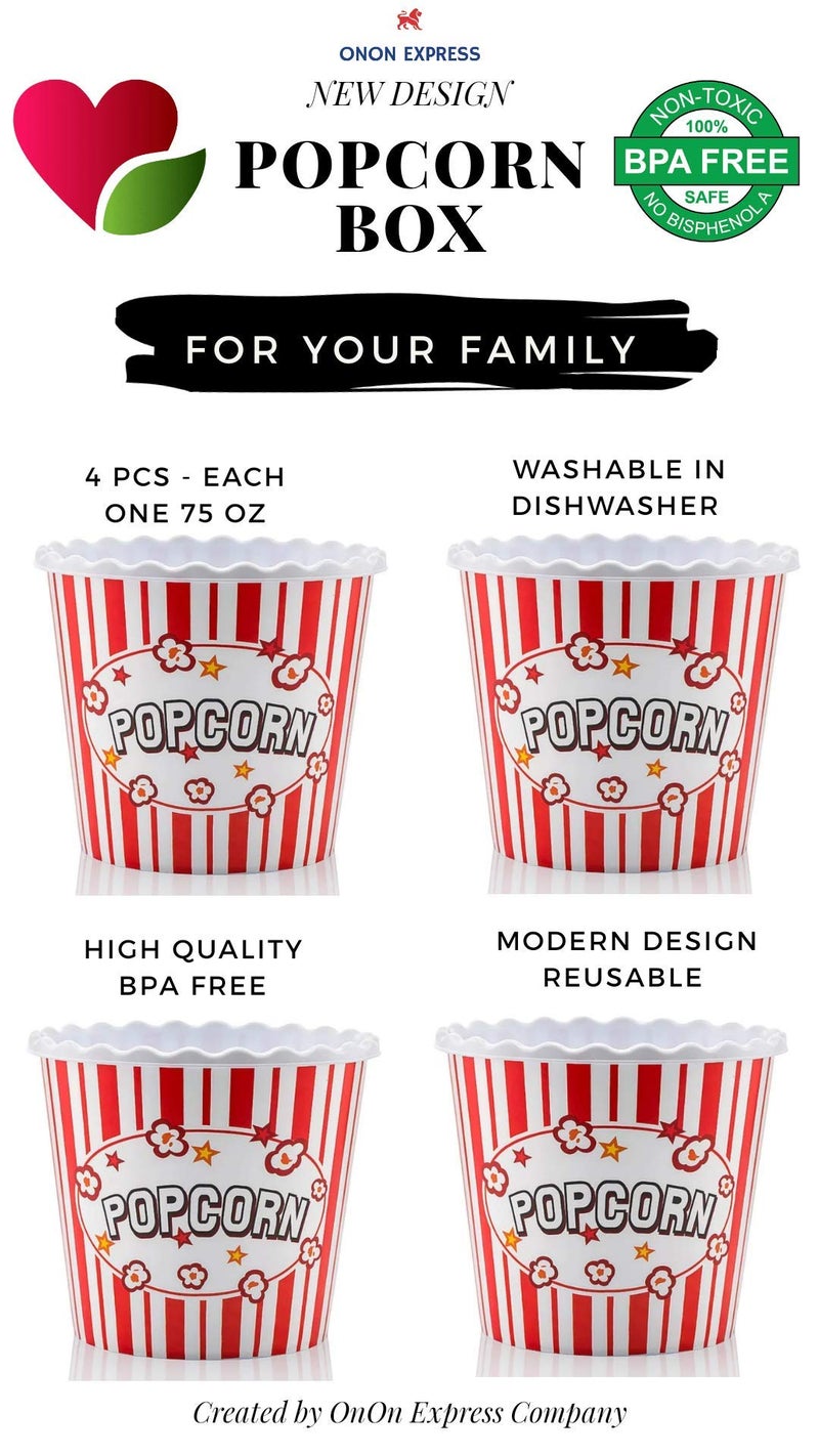 ONONEXPRESS Modern Style Reusable Plastic Popcorn Box/Popcorn Containers/Popcorn Bowls Set for Movie Theater Night - (BPA Free - Red/White 4 Pack-75 oz) - Image 5